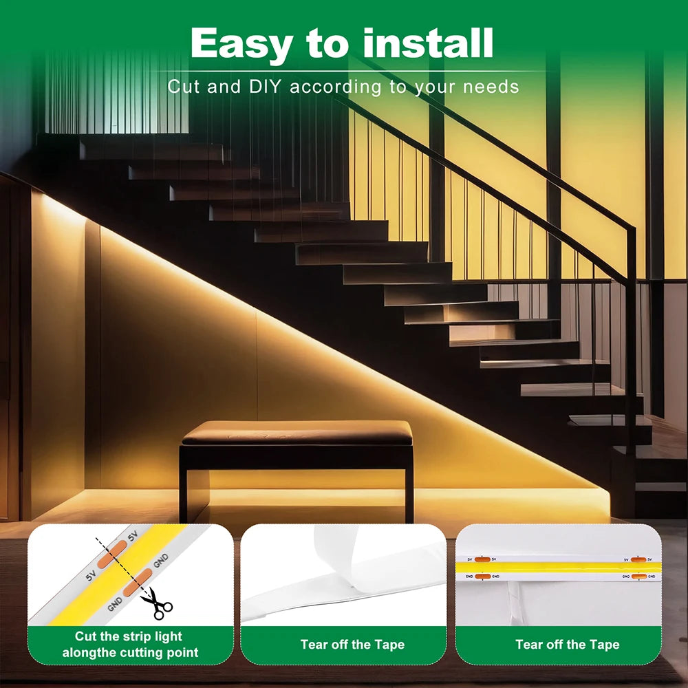 Showlu Smart Motion Sensor LED Strip Light 5V USB, illuminated with motion detection, flexible strip for ambient lighting.