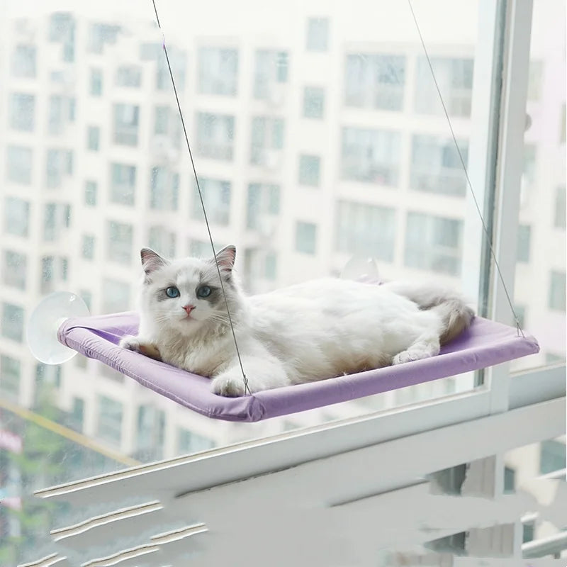 Showlu Smart General cat window hammock attached to a window, providing a cozy perch for cats to relax and look outside.