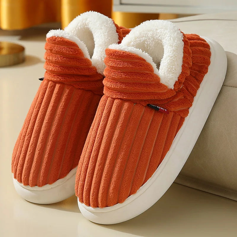 Showlu Fashion men's winter slippers with short plush, soft fur, cotton interior, indoor fuzzy house shoes, casual and comfortable.