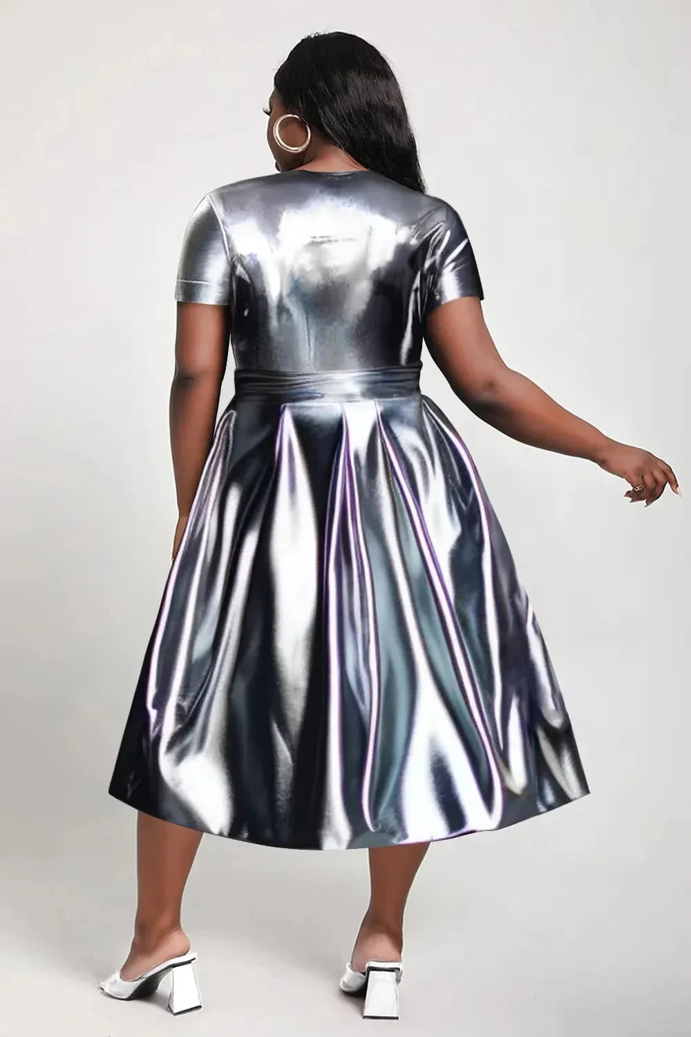 Plus size SHOWLU women's metallic glitter A-line midi dress for parties, featuring a shiny, stylish design and elegant fit.