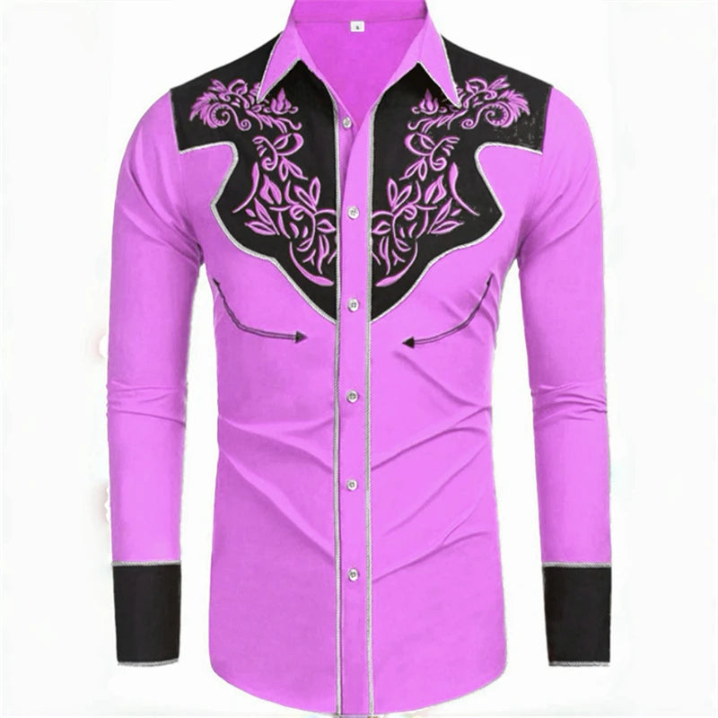 Showlu Fashion men's long-sleeved casual denim shirt with 20 colors, loose fit, retro western style, soft fabric, big size