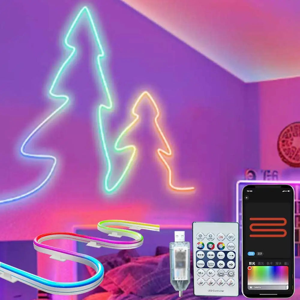 Showlu Smart RGBIC Neon LED strip light with 5V Bluetooth app control, colorful lighting display and flexible design.