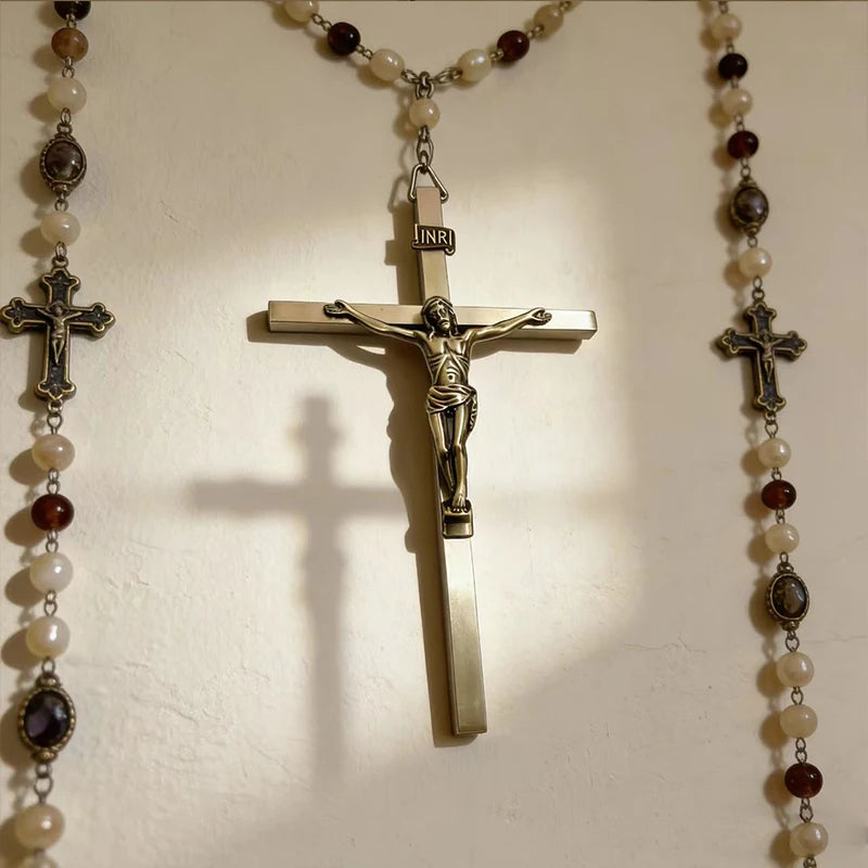 Metal wall crucifix cross with INRI inscription and Jesus Christ Catholic decor, showcasing detailed religious iconography.