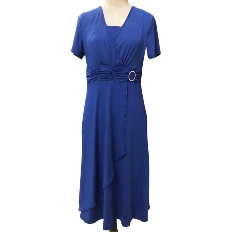 Liva Girl women's V-neck short sleeve summer A-line party dress in elegant style, shown in a vibrant fabric with a fitted waist.