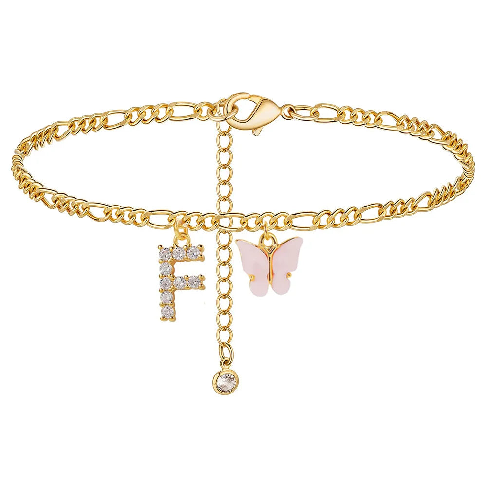 Stainless steel initial A-Z letter anklet with butterfly charm, waterproof leg chain jewelry for women and girls.