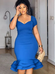 Elegant Ruffles Hem Classic Party Pencil Dress Women Night Club Square Neck Slim Fit Workwear Office Lady Bodycon Midi Dresses
