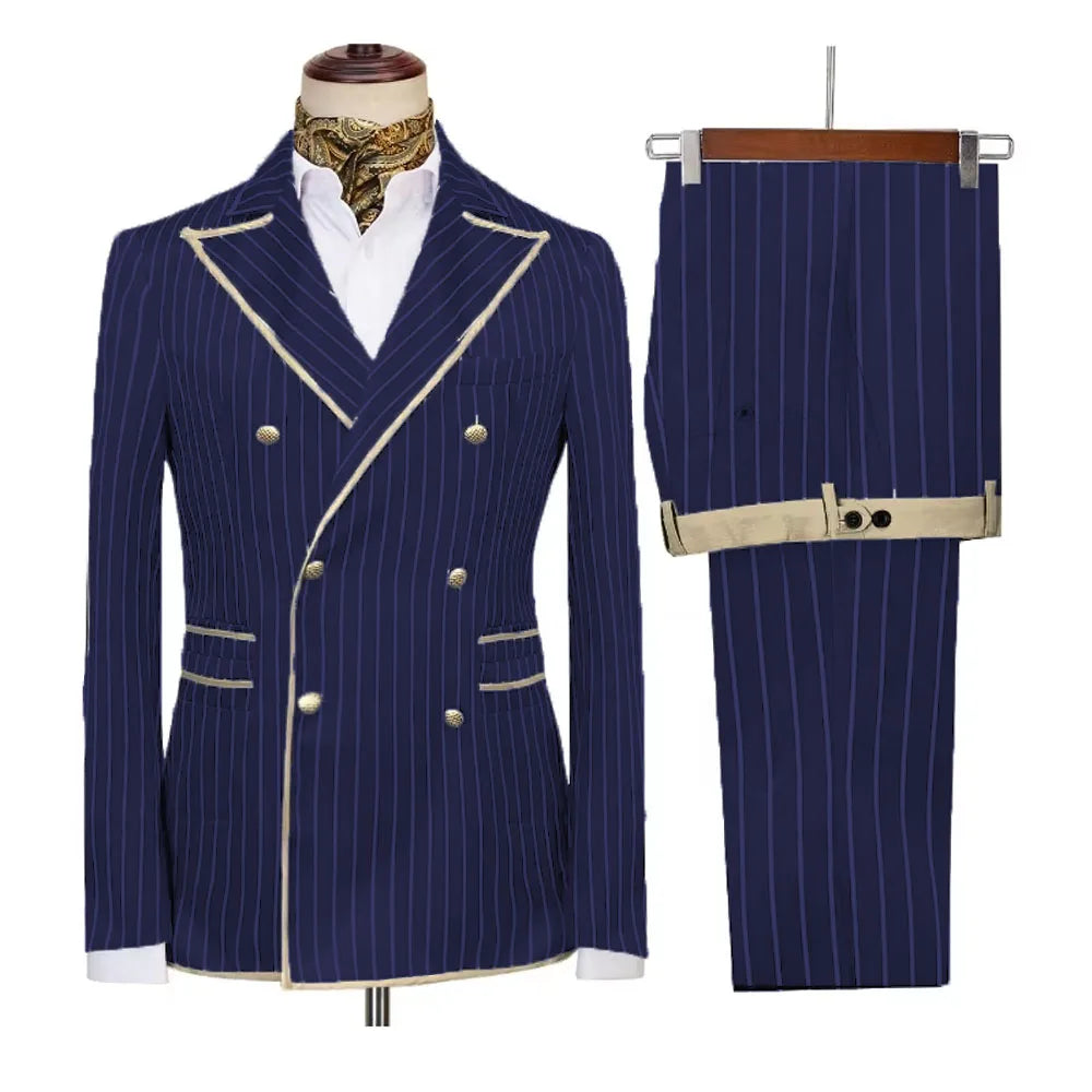 Slim striped men's double-breasted suit jacket and pants set with peak lapels, tailored for formal and smart casual occasions.