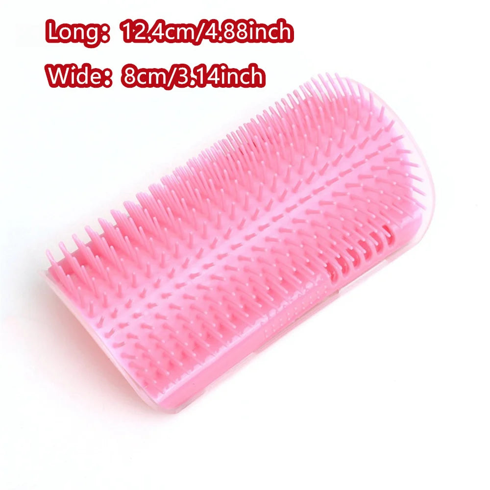 Cat self-groomer with catnip, wall-mounted corner massage comb and soft tickling brush for pet grooming and face rubbing.