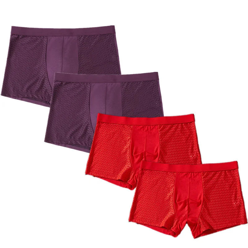 Showlu Men's Ice Silk Boxer Briefs 4-pack, breathable mesh underwear with a sleek fit and comfortable design.
