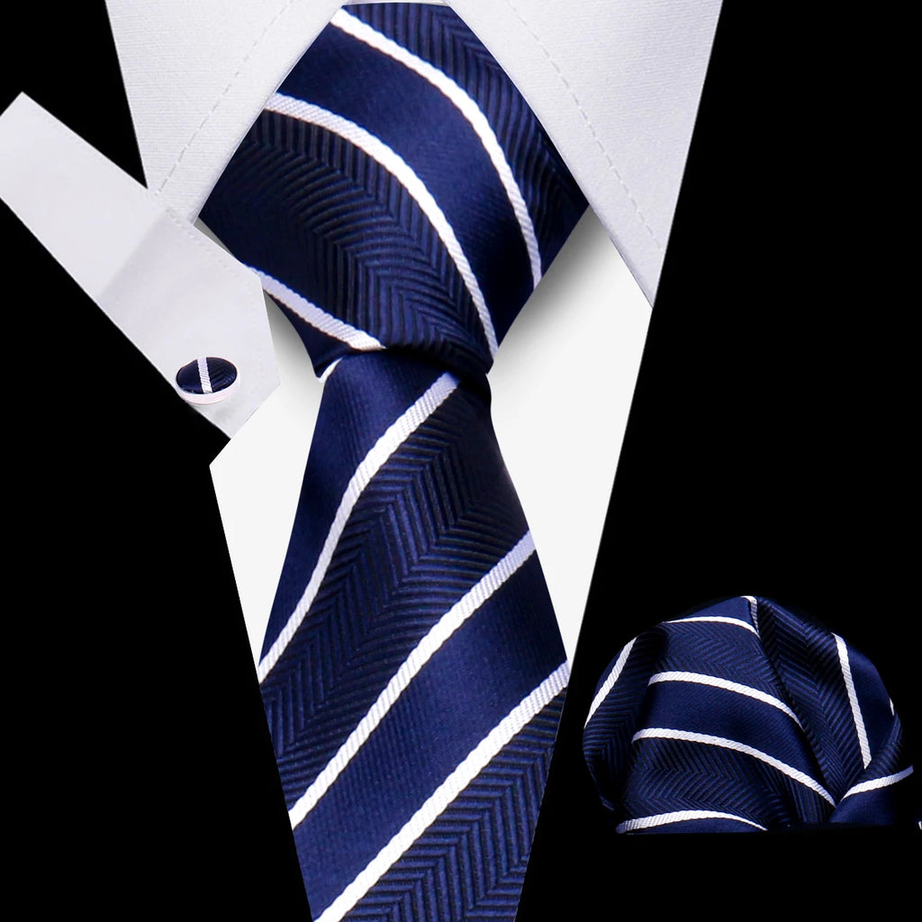 HUISHI Luxury Elegant Gifts For Men Tie Set Striped Necktie Handchief Cufflinks 3 Pcs Business Party Wedding Suit Accessories