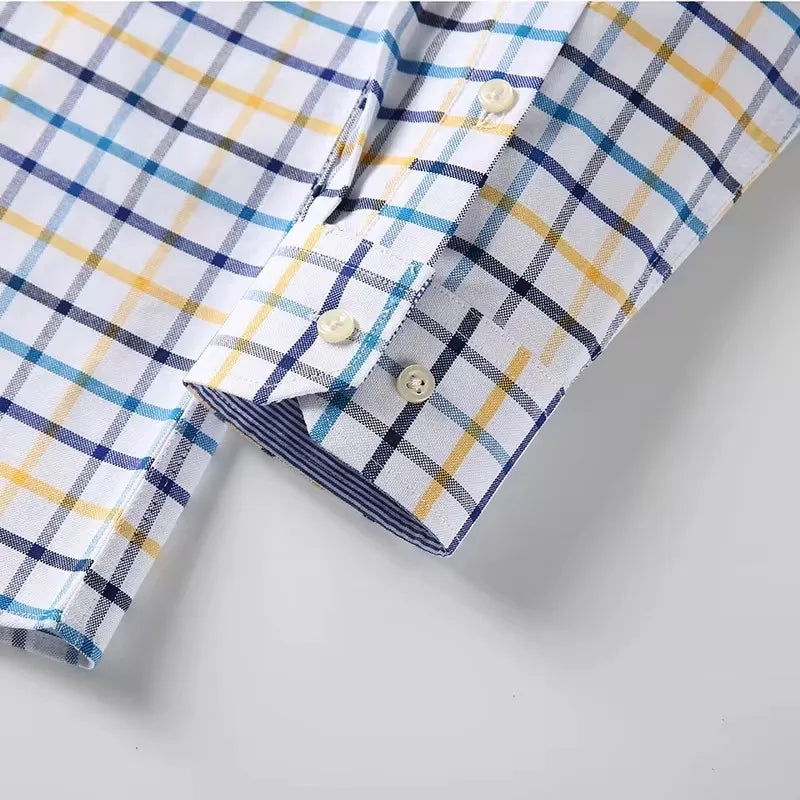 Men's long sleeve plaid cotton oxford shirt with striped pattern, red checked design, 7XL size, by Showlu Fashion.