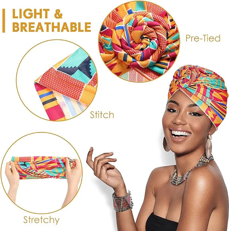 Elegant African print pleated turban with floral beanie style, pre-tied front knot, elastic head wrap, suitable for women’s chemo cap or bandana