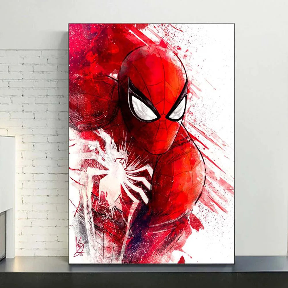 Colorful watercolor canvas wall art poster of Spider-Man from Marvel, unframed, featuring vibrant superhero illustration.
