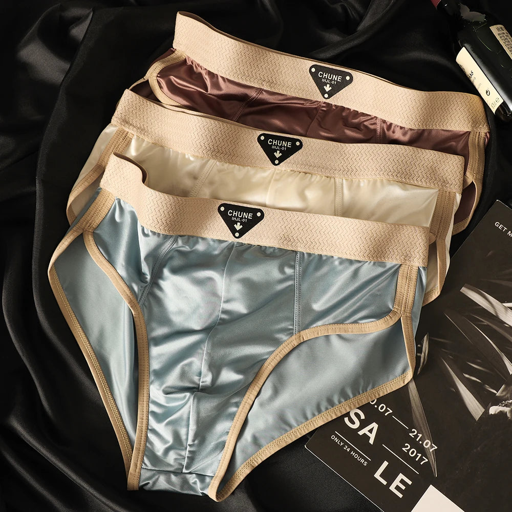 Luxury men's satin-like briefs in a 3-pack, breathable ice silk mesh underwear with high elasticity and soft crotch for comfort.