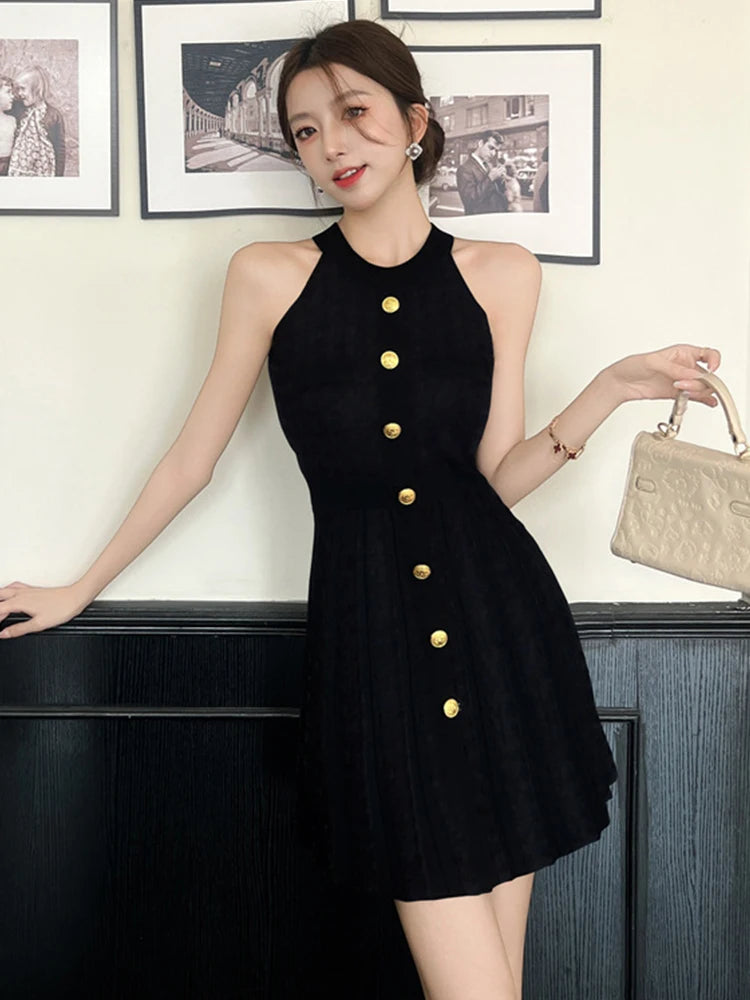 Women’s retro houndstooth knit mini dress with halter neckline, gold buttons, slim A-line fit, ideal for summer dates and casual wear.