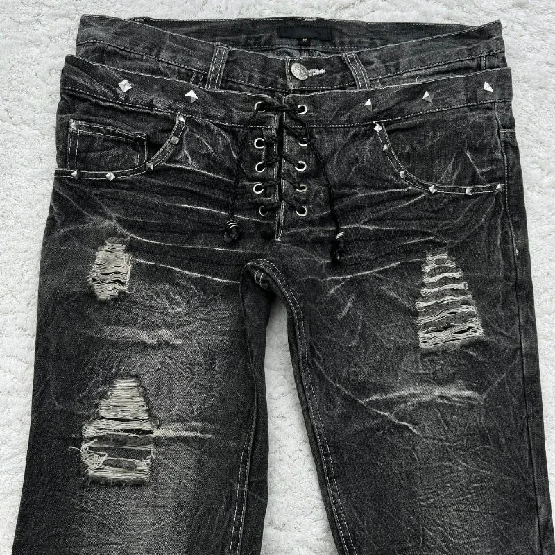 Retro double-waisted lace-up micro flared women's and men's jeans with washed high-quality Y2K streetwear style.
