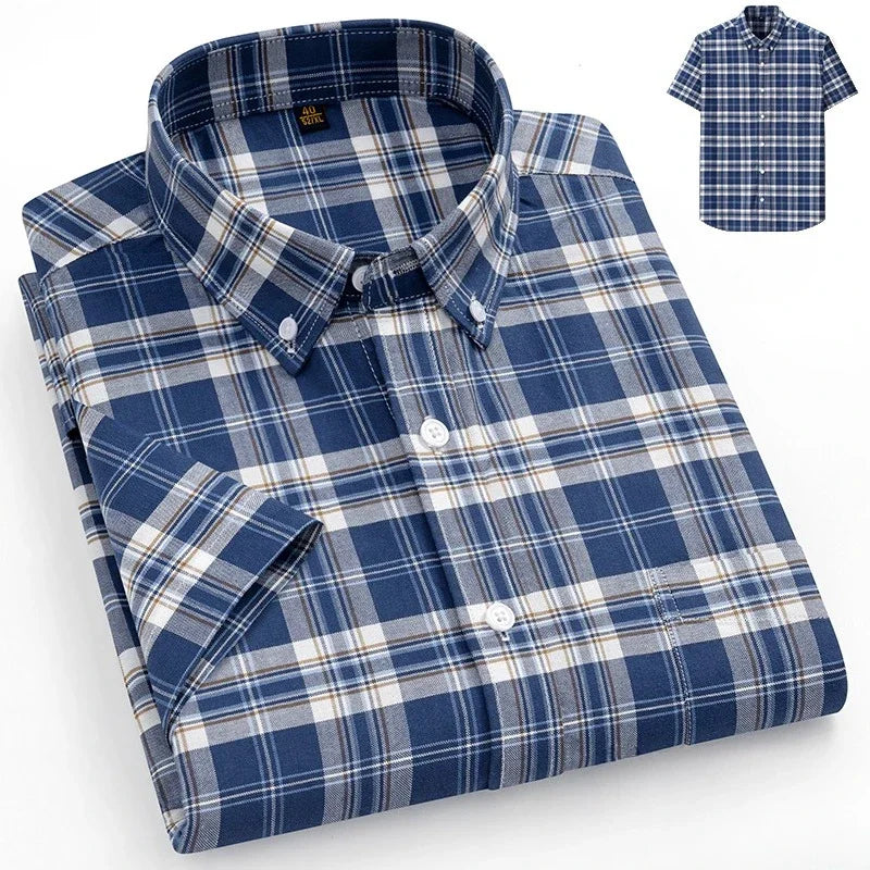 New in Shirt Plus Size 14XL Fashion Summer 100%Cotton Oxford Plaid Short Sleeve Shirt for Man Designer Office Elegant Clothes