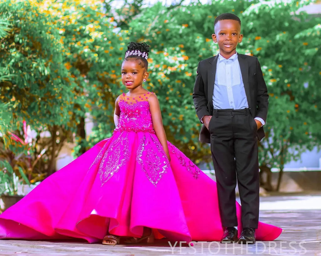Fuchsia flower girl dress with beaded lace satin fabric, perfect for birthday parties, by SHOWLU FASHION STORE