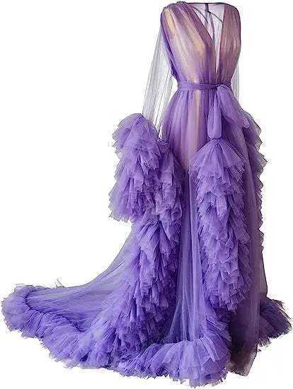 Deep V-neck lace maternity dress with long sleeves, tulle fabric, feather accents, and hollow horn design for photoshoots.