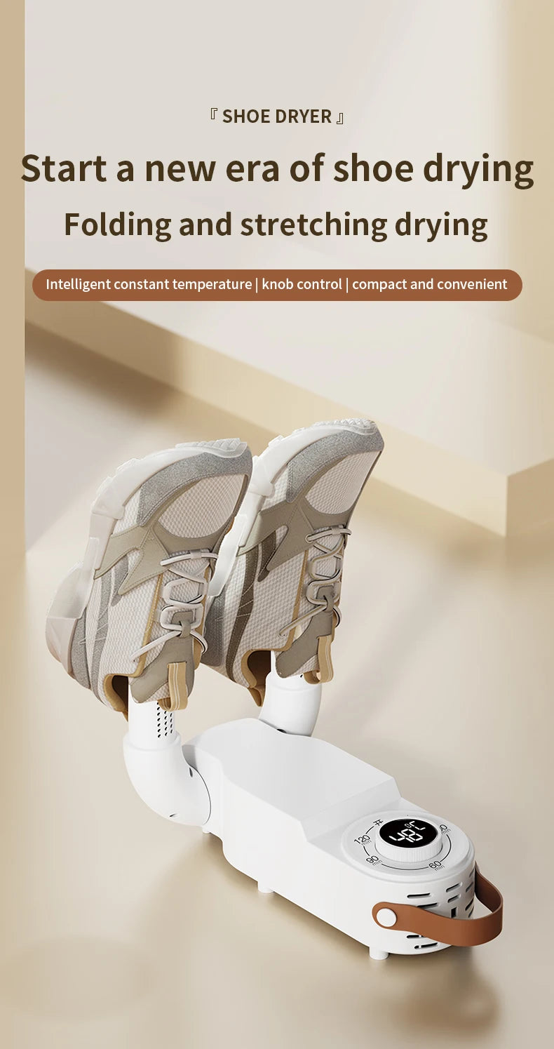 Showlu Smart Electric Shoe Dryer with 150W power, portable design, deodorizer function, and timer for drying and freshening shoes.