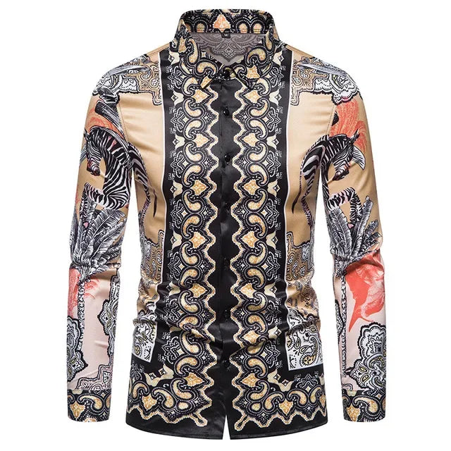 Showlu men's retro plaid long sleeve shirt with casual floral pattern, perfect for stylish, relaxed dress and everyday wear.