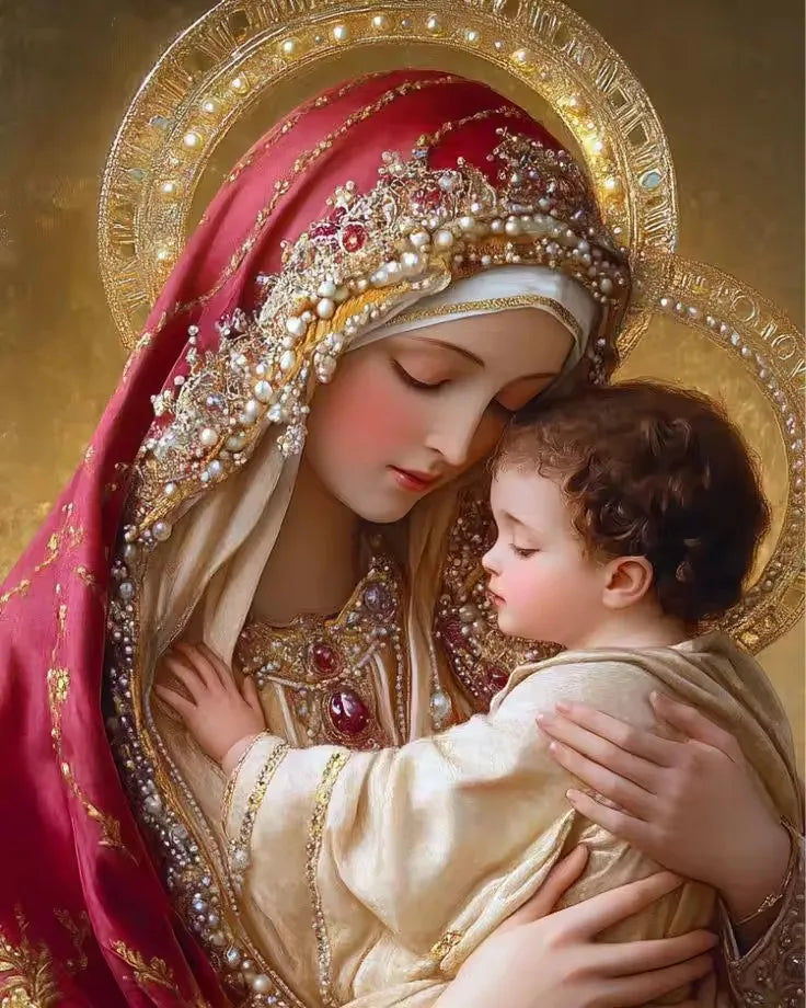 Beadslove Virgin Mary and Jesus 5D diamond painting kit with full drill, featuring vibrant beads and detailed religious imagery.