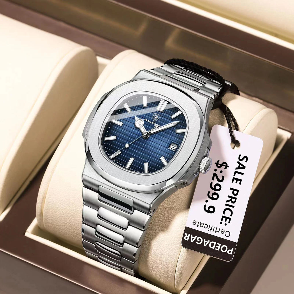 Square men's luxury wristwatch with stainless steel band, luminous dial, waterproof design, and date display from Showlu Fashion.
