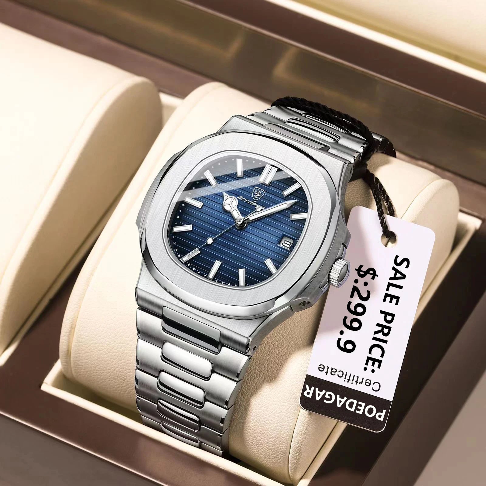 Square men's luxury wristwatch with stainless steel band, luminous dial, waterproof design, and date display from Showlu Fashion.