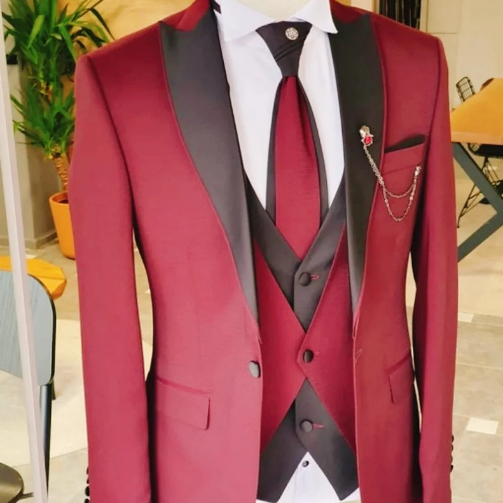 Men's solid slim fit 3-piece business suit set with blazer, vest, and pants, ideal for wedding parties and formal occasions.