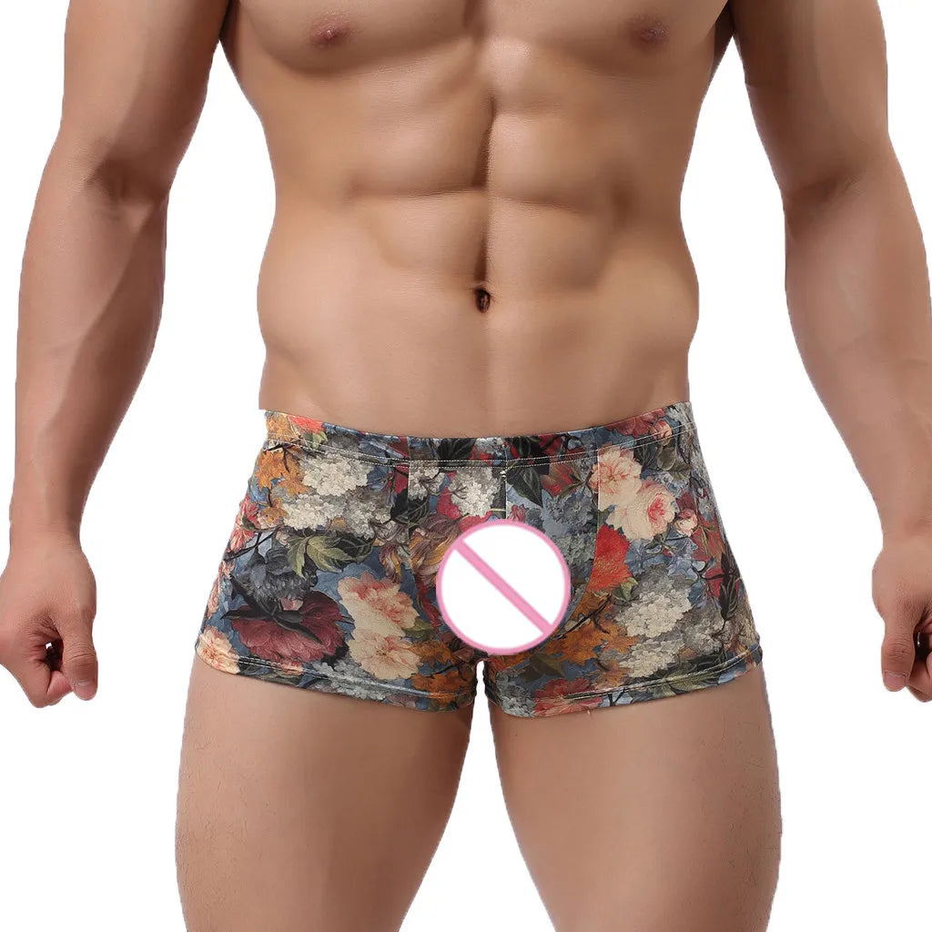 Men's nylon printed boxer shorts with pouch, shown in the image, featuring a colorful pattern and comfortable fit from Showlu Fashion.