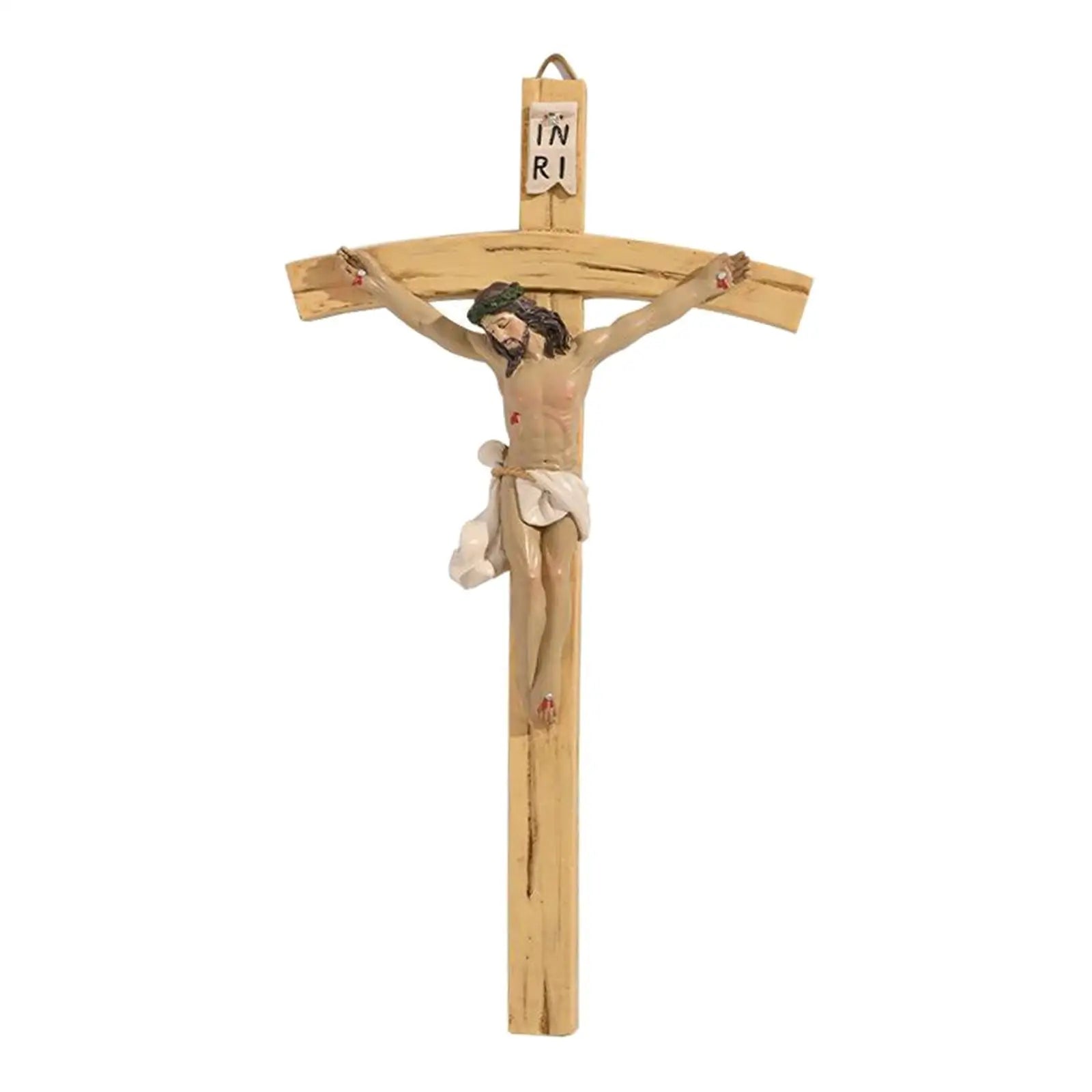 Hand-painted 8.7-inch vintage-style wood resin Christ INRI wall cross crucifix with carved religious details.