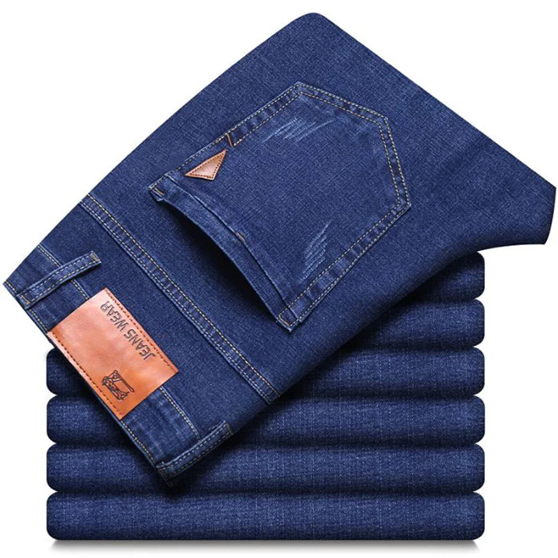 Men's 2024 stretch slim fit denim jeans by Showlu Fashion Store, casual loose straight cut, large size 38-40, elastic waistband.
