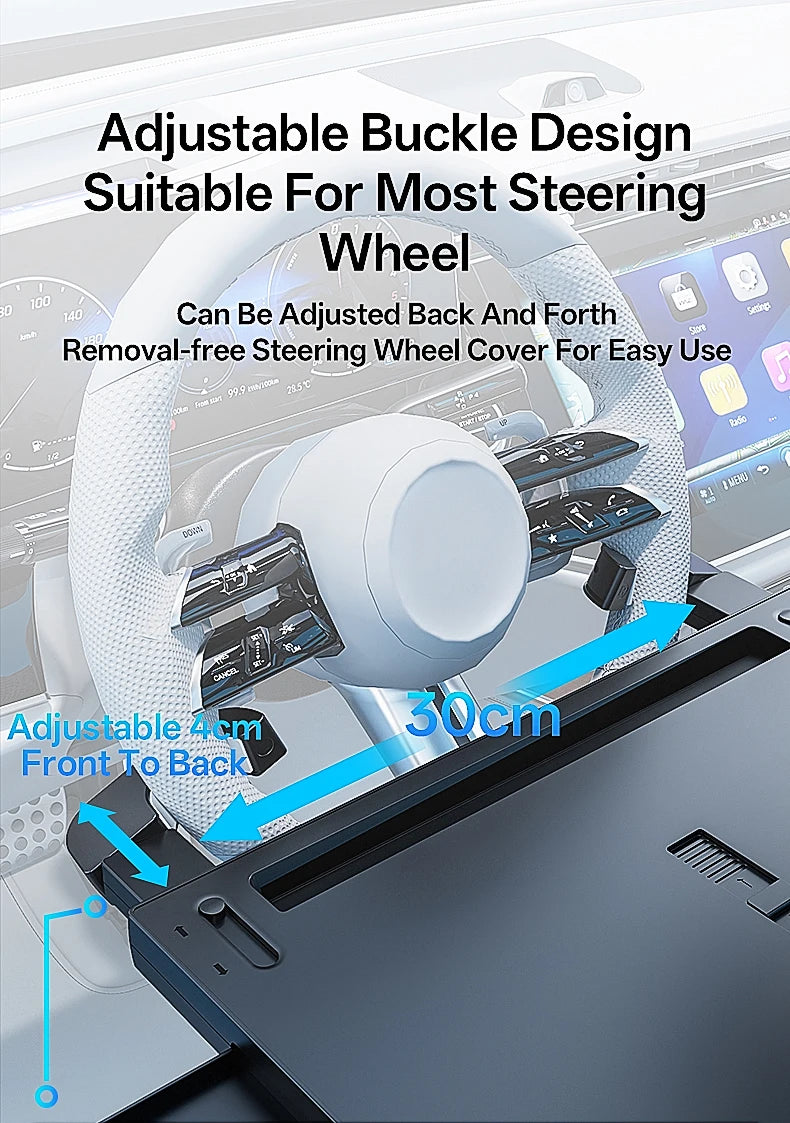 Showlu Smart General car steering wheel tray attached to steering wheel, providing a convenient surface for small items and snacks.