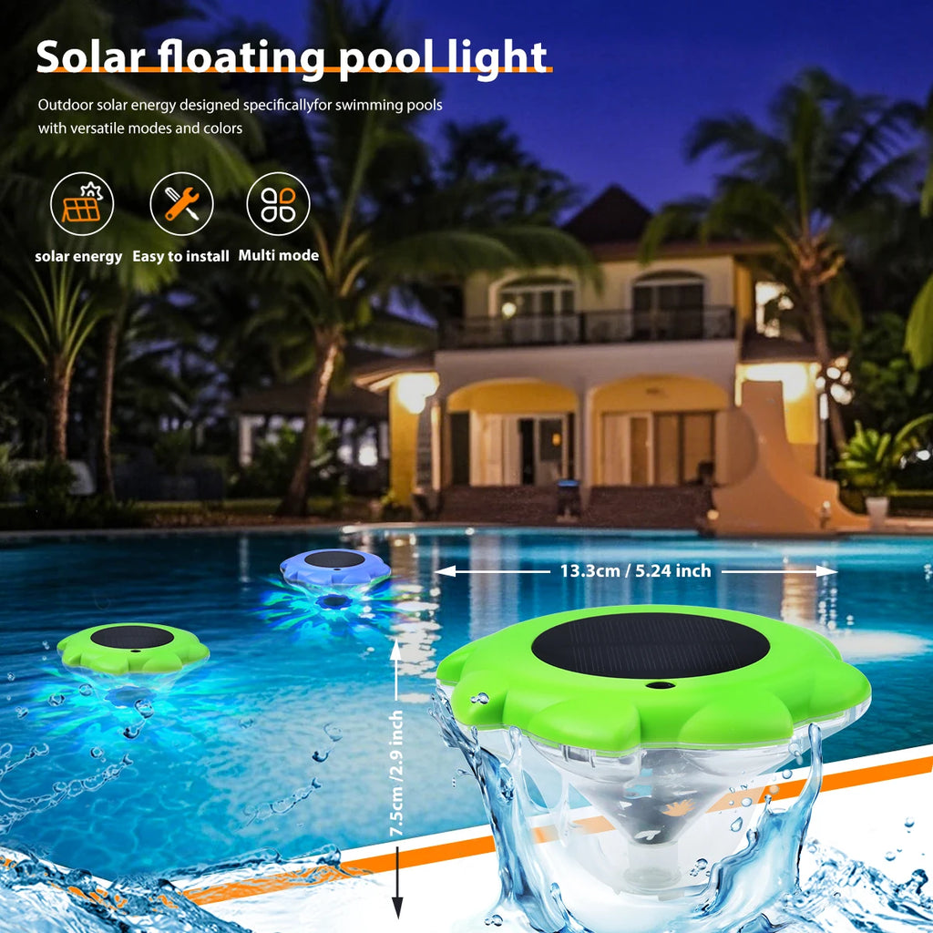 RGB waterproof solar floating pool light from Showlu Smart General illuminating a pool with colorful LED lights.