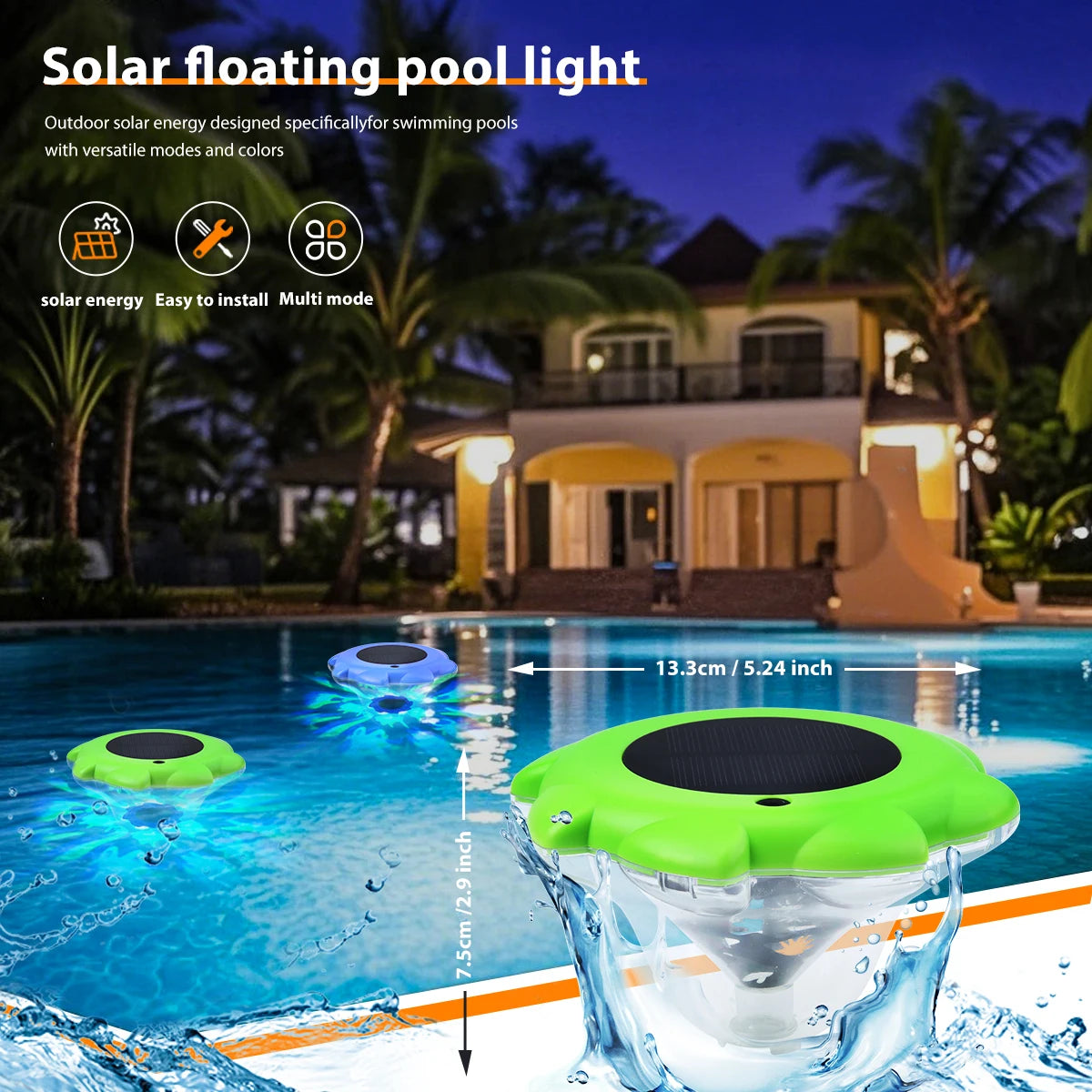 RGB waterproof solar floating pool light from Showlu Smart General illuminating a pool with colorful LED lights.