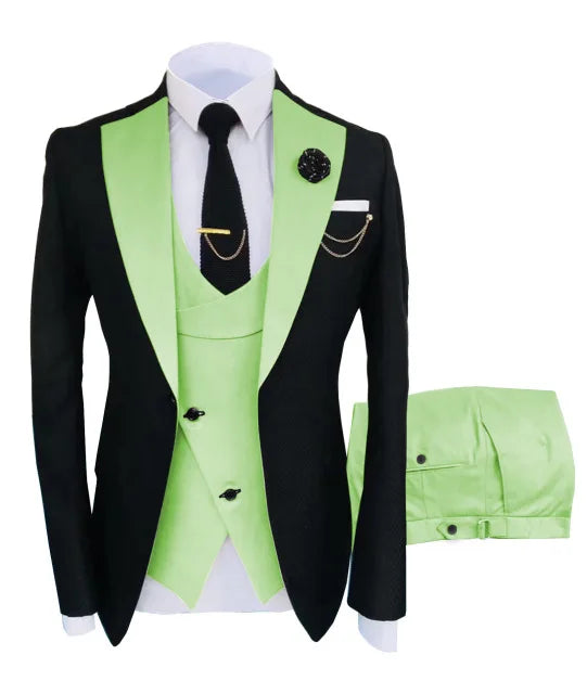 Showlu Smart General men's slim fit black business suit with tuxedo jacket, pants, and vest, suitable for formal weddings and events.