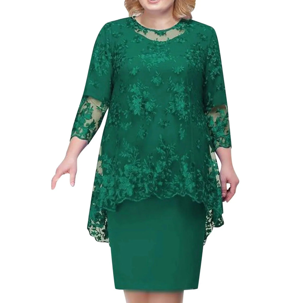 Elegant knee-length women's lace embroidery evening dress with A-line silhouette, featuring intricate lace details and a stylish fit.