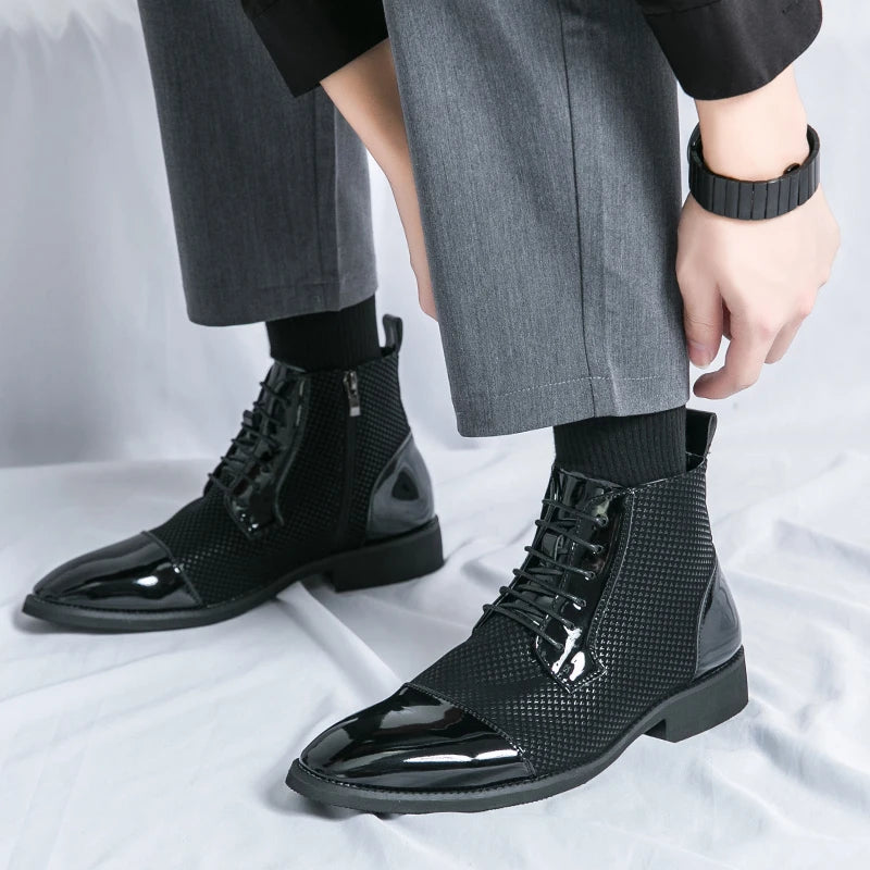 AXYG men's pointed toe ankle boots with luxury patchwork patent leather, stylish and sleek footwear by Showlu Fashion Store