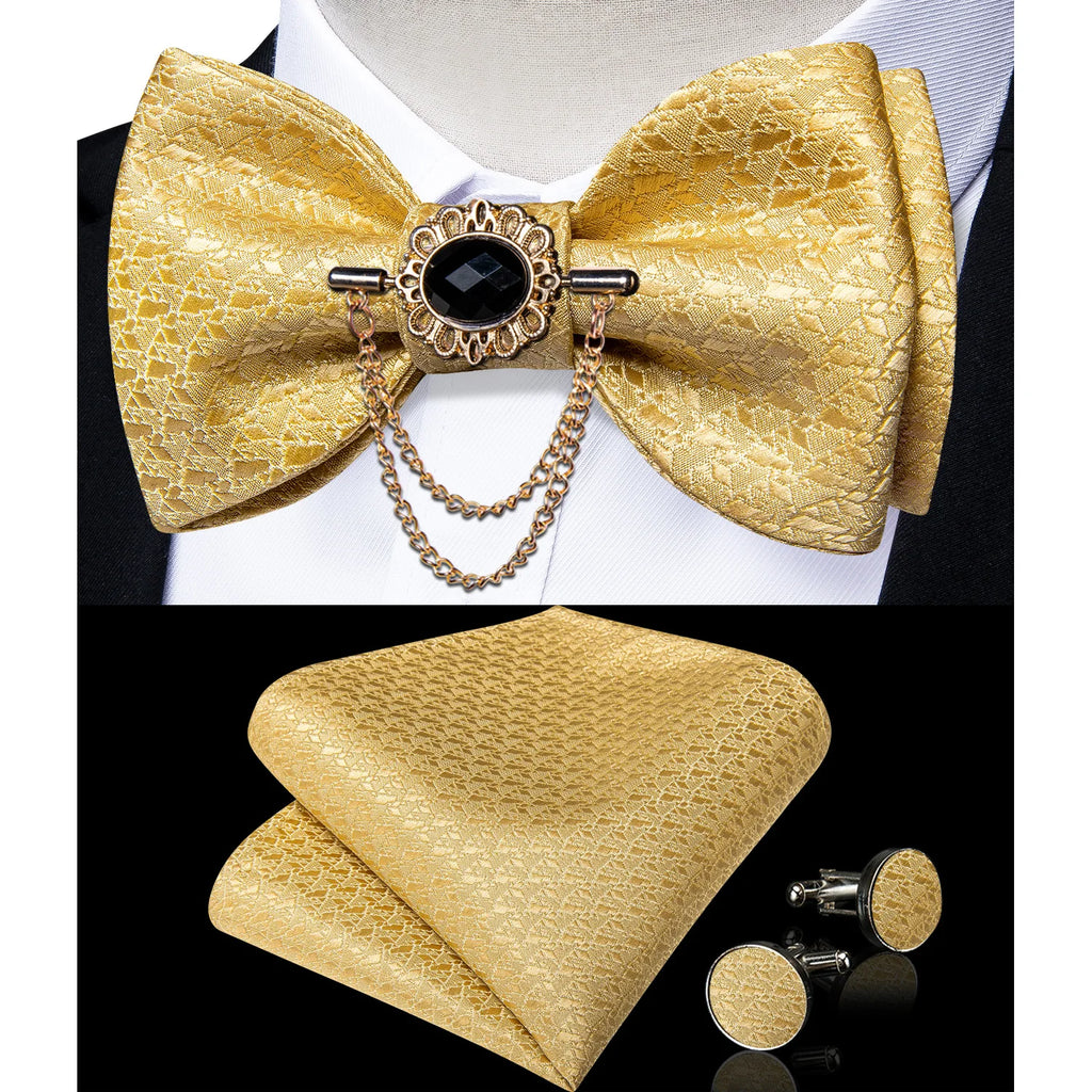 Showlu Fashion men's pink solid bow tie set with matching pocket square and cufflinks, suitable for wedding attire.