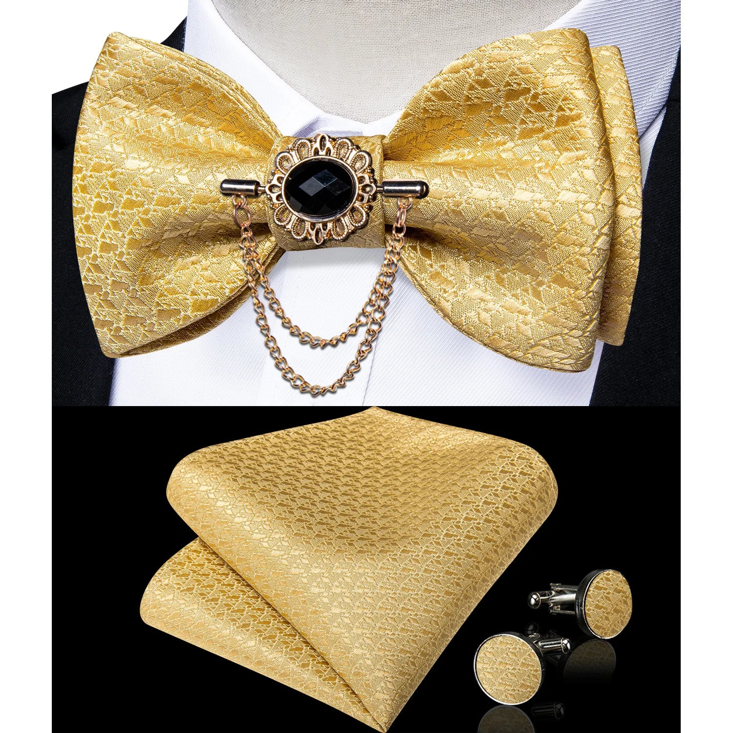 Showlu Fashion men's pink solid bow tie set with matching pocket square and cufflinks, suitable for wedding attire.