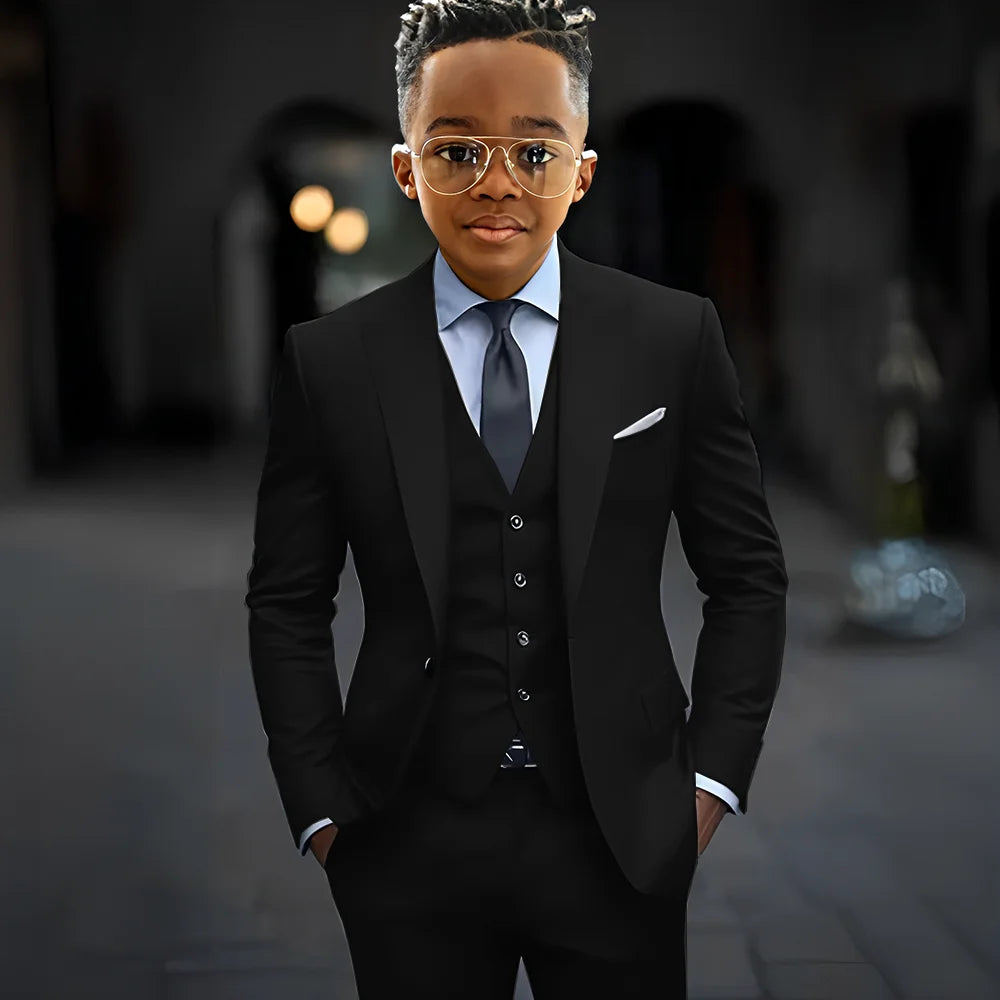 Dark grey high-quality boys' suit set by Showlu Fashion, slim fit 3-piece with single-breasted jacket, vest, and pants.