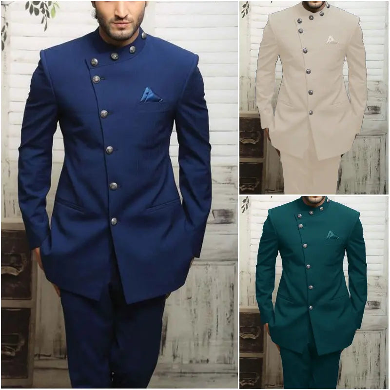 Navy blue Indian design men's slim fit formal blazer and suit set by Showlu Fashion, ideal for weddings and business events.