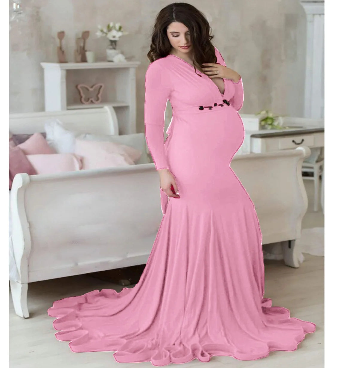 Sexy mercerized cotton maternity V-neck dress by Showlu Fashion Store, featuring lace details for photo shoots and maternity photos.