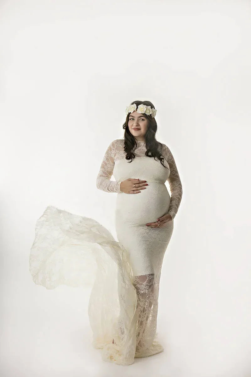 Showlu Lace Maternity Gown in mermaid style, soft lace fabric, flowing maxi dress perfect for maternity photography and special occasions.