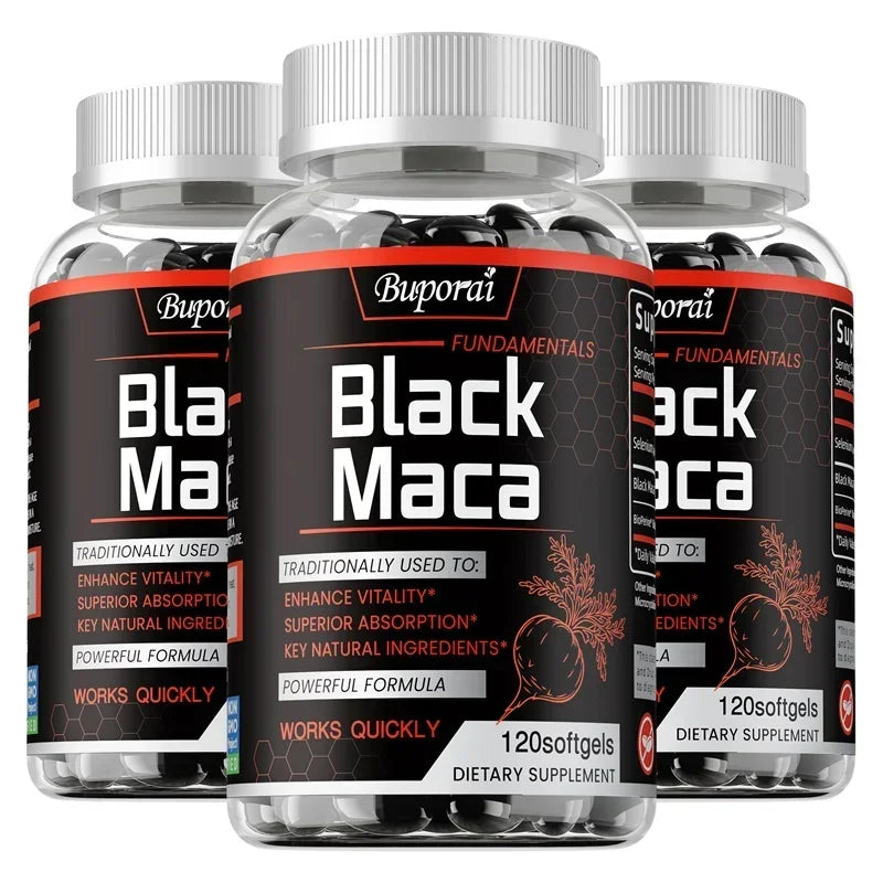 Black Maca supplement bottle from Showlu Fashion Store, featuring natural energy and endurance support for muscle and hormone balance.