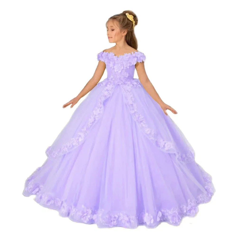 Yellow flower girl dress with beading, appliqué details, suitable for pageants, birthdays, communion, and prom for girls.