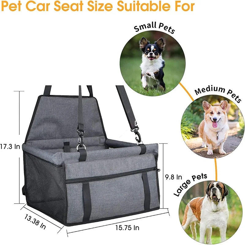Foldable dog and cat car seat cover with pet harness, hammock, and basket for safe travel, showing the durable, waterproof material.