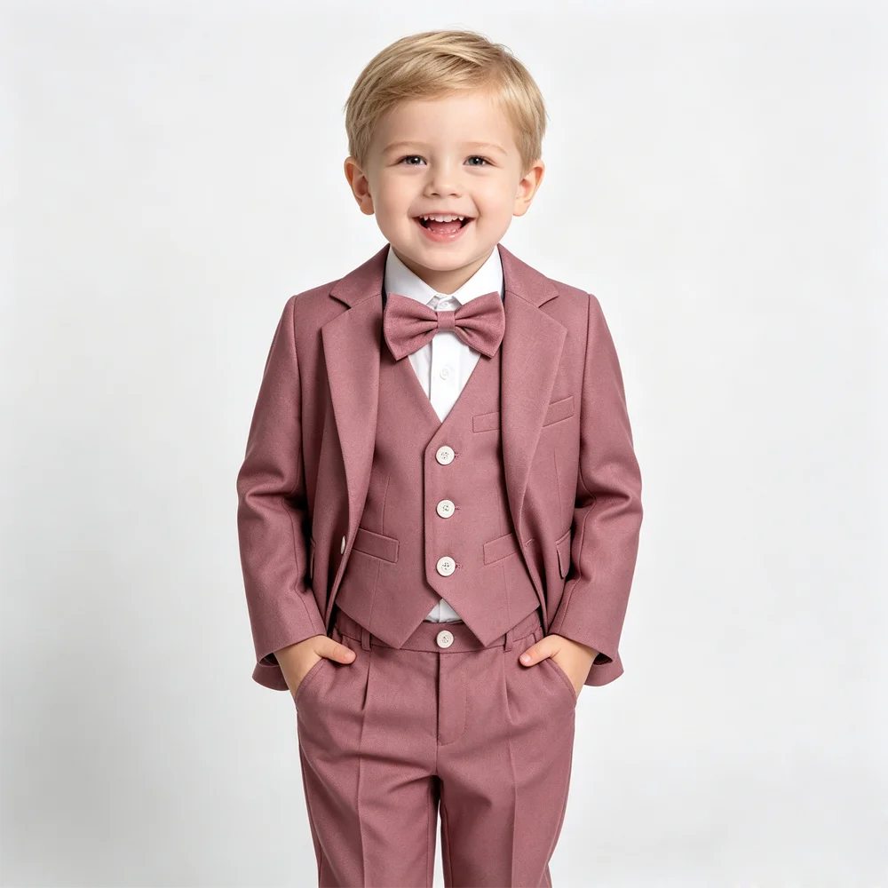 Toddler Boys Dusty Pink Suit 4Pcs Blazer Vest Pants Bowtie, Kids Formal Outfit for Wedding Birthday Party Flower Boy Tuxedo