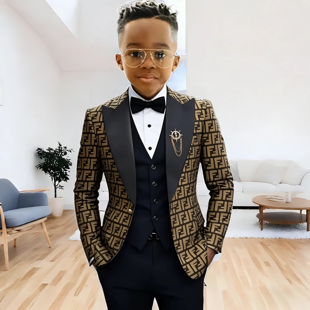 Fashion Floral Boys Suit 3 Pieces Wedding Tuxedos Single Breasted Formal Jacket Vest Pants Kids Blazer Set Slim Fit Child Outfit