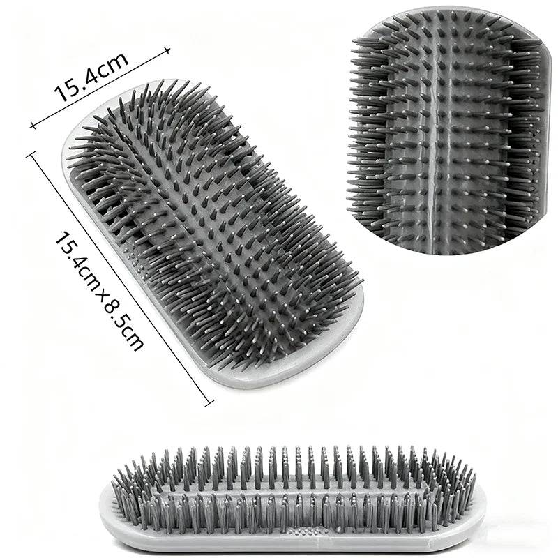 Wall-mounted cat self-groomer with massage comb brush for kittens and puppies, ideal for relaxing grooming sessions.
